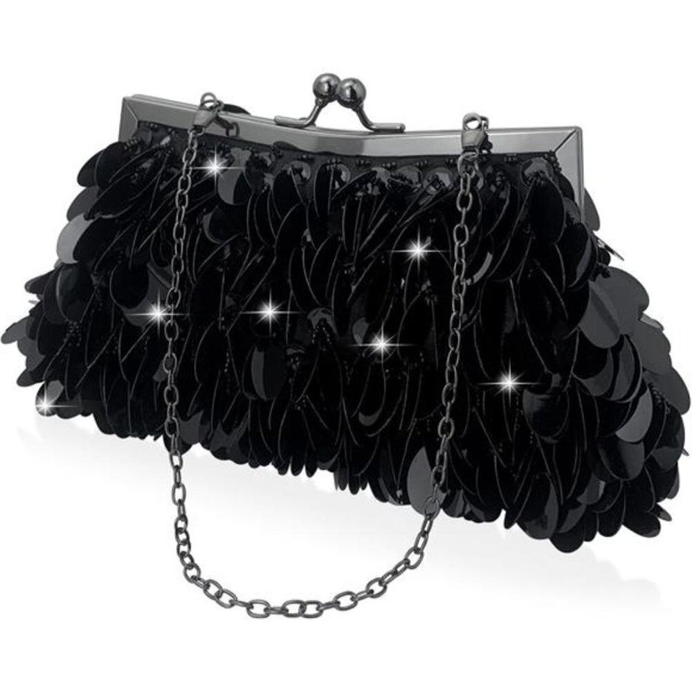 Sparkly Black Evening Clutch Purse Elegant Sequined  Formal Party Handbag